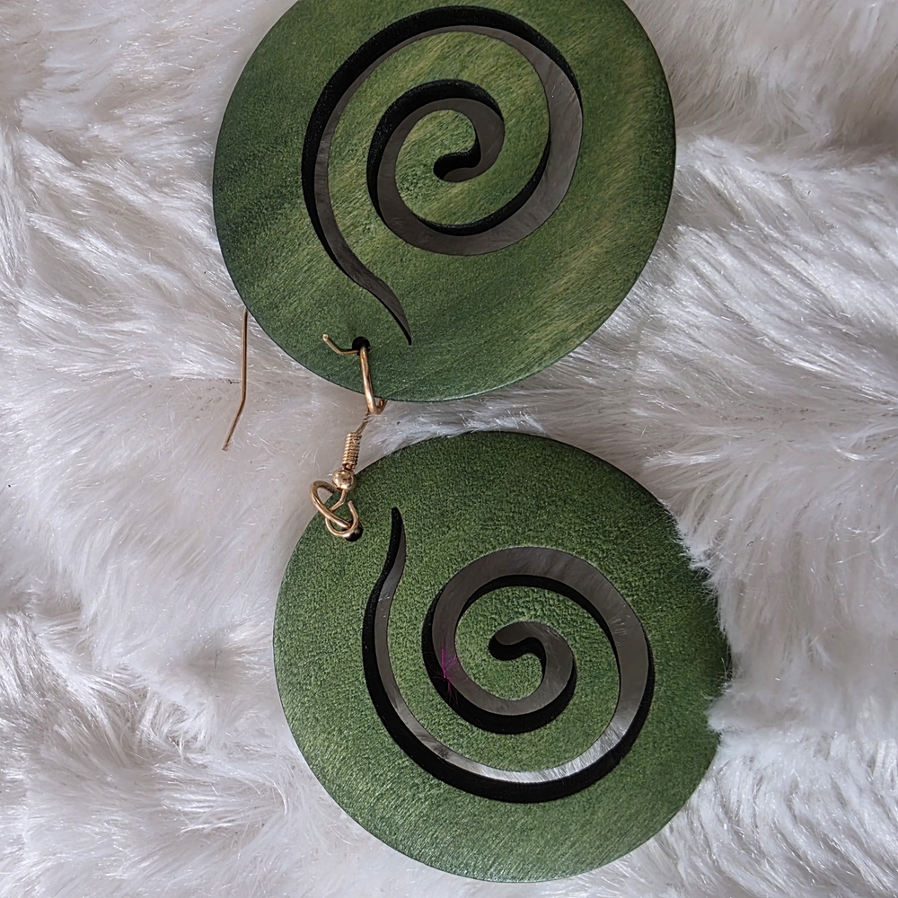 Green Spiral Wooden Earrings